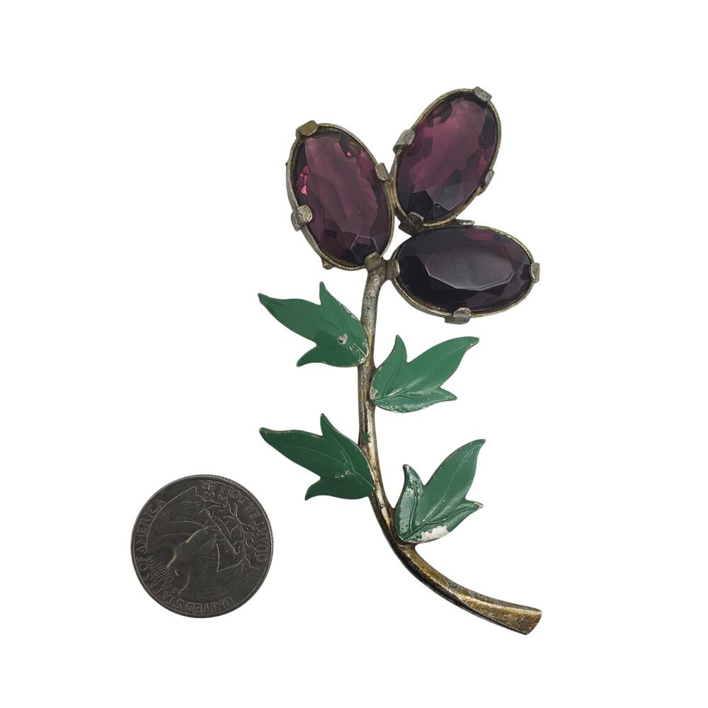 Purple‎ Flower Brooch Gold Tone Amethyst Glass Stone Green Enamel Pin Spring Vtg - Picture 9 of 9